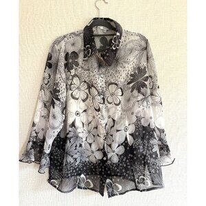 Nicola Women's Black & White Floral Sheer Button-Up Blouse Size 2X